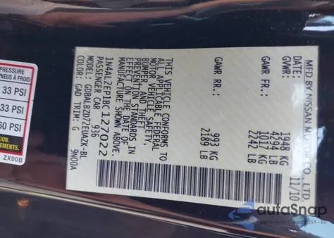 2011 Nissan Altima 2.5 S z USA, uszkodzony, nr VIN 1N4AL2EP1BC127022